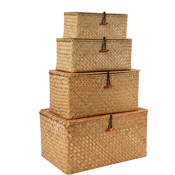 GoXteam 4 pack Wicker Baskets with Lids, Nautral Seagrass Storage Baskets, Woven Rectangular Basket Bins, Rattan Storage Organizer for Shelf
