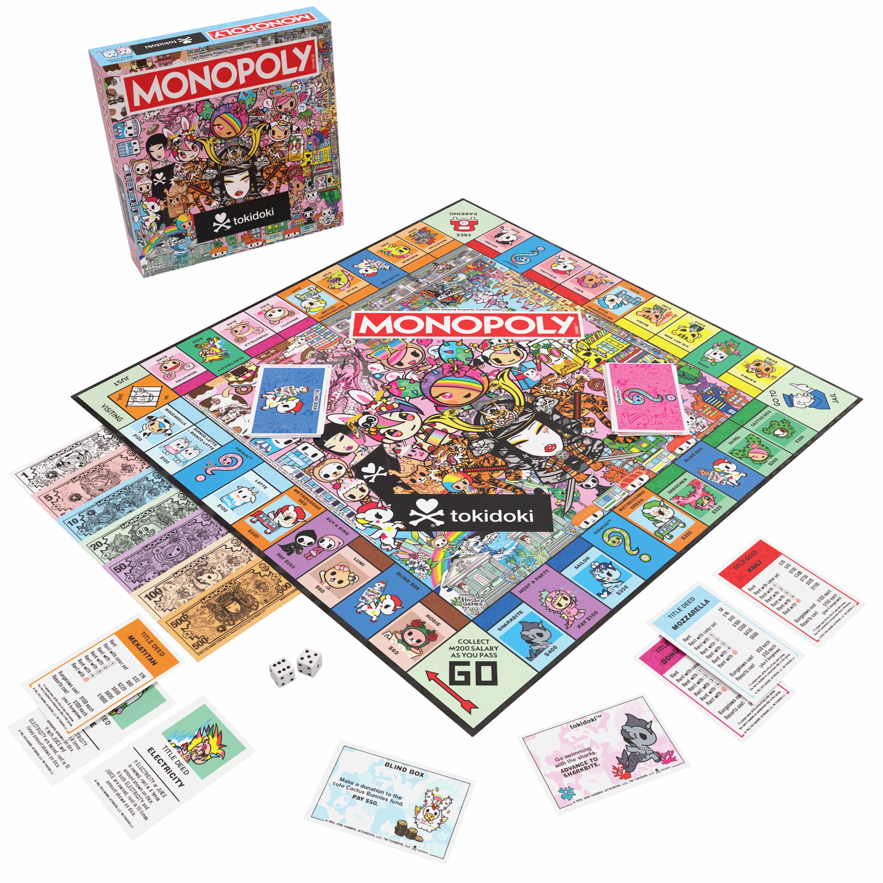 MONOPOLY: tokidoki Board Game, Buy, Sell & Trade Characters like Donutella, Mozzarella, & Stellina, Includes 6 Collectible Mover Tokens - Cactus Dog, Sirena, Adios & More,