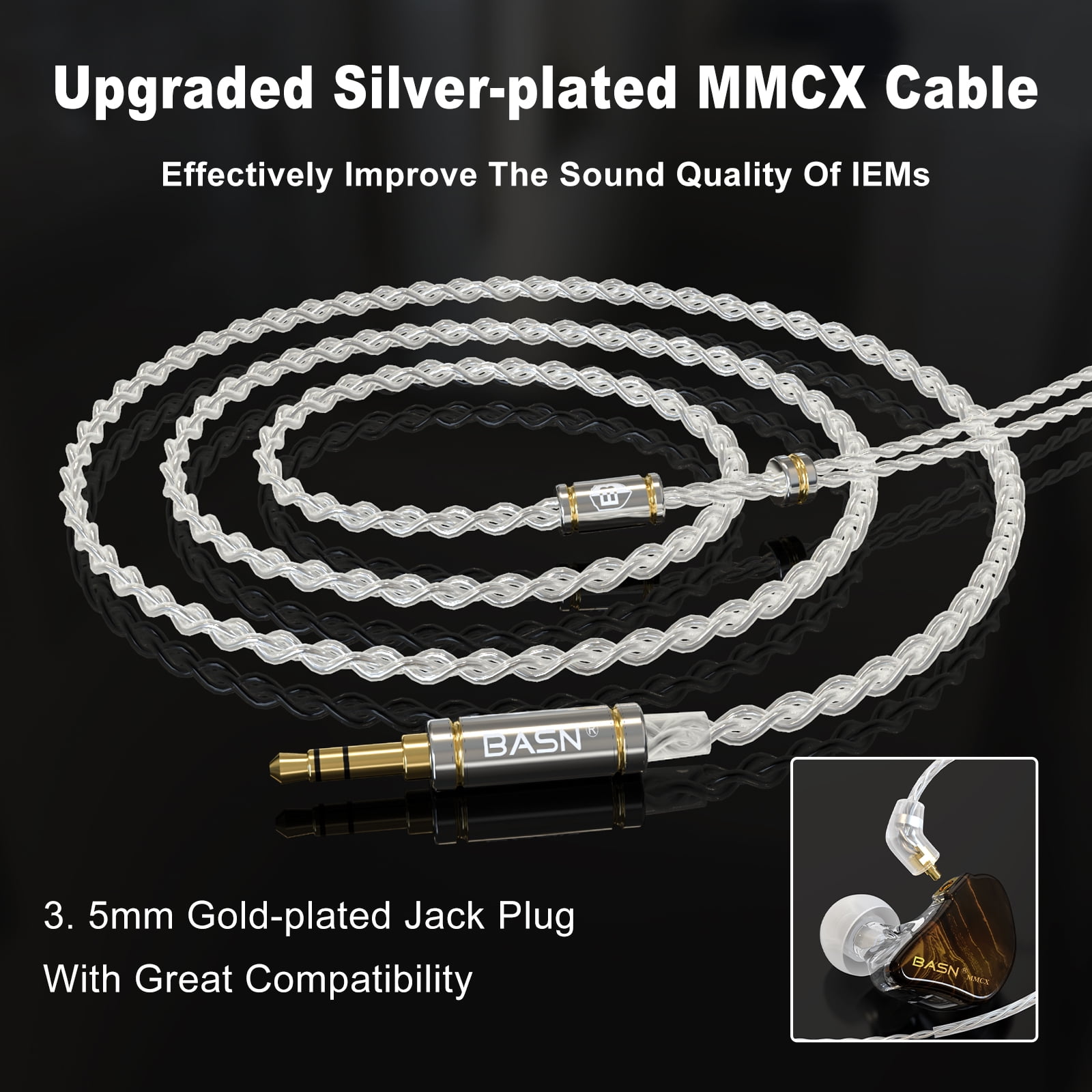 BASN MMCX Triple Driver in-Ear Monitors with Rich Bass, HiFi Stereo IEM Earphones with Upgraded Detachable Cables for Audiophiles Musicians (Golden-Black)