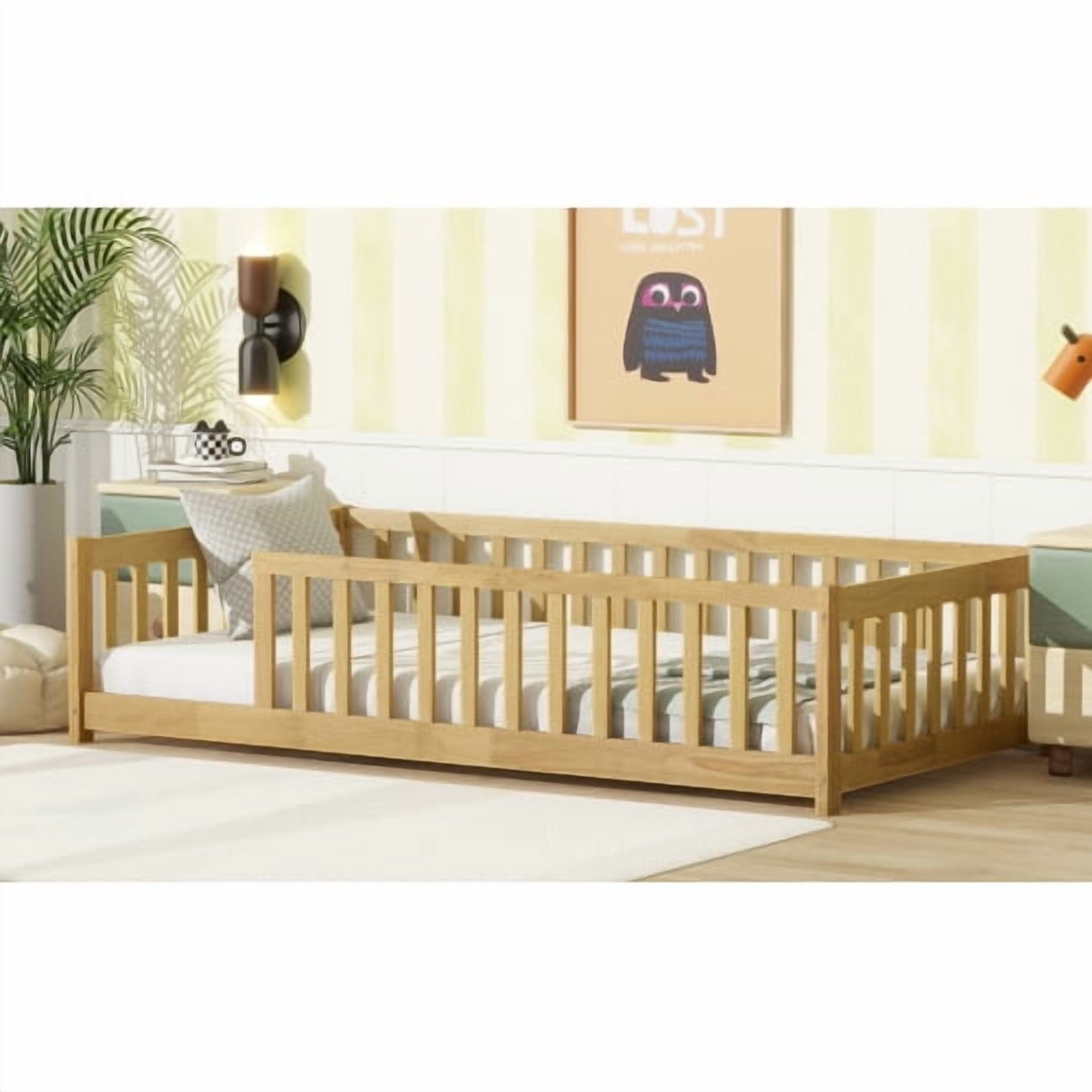 Twin Size Floor Bed with Fence without Door, Rubber Wood Floor Bed with Safety Guardrails,Natural