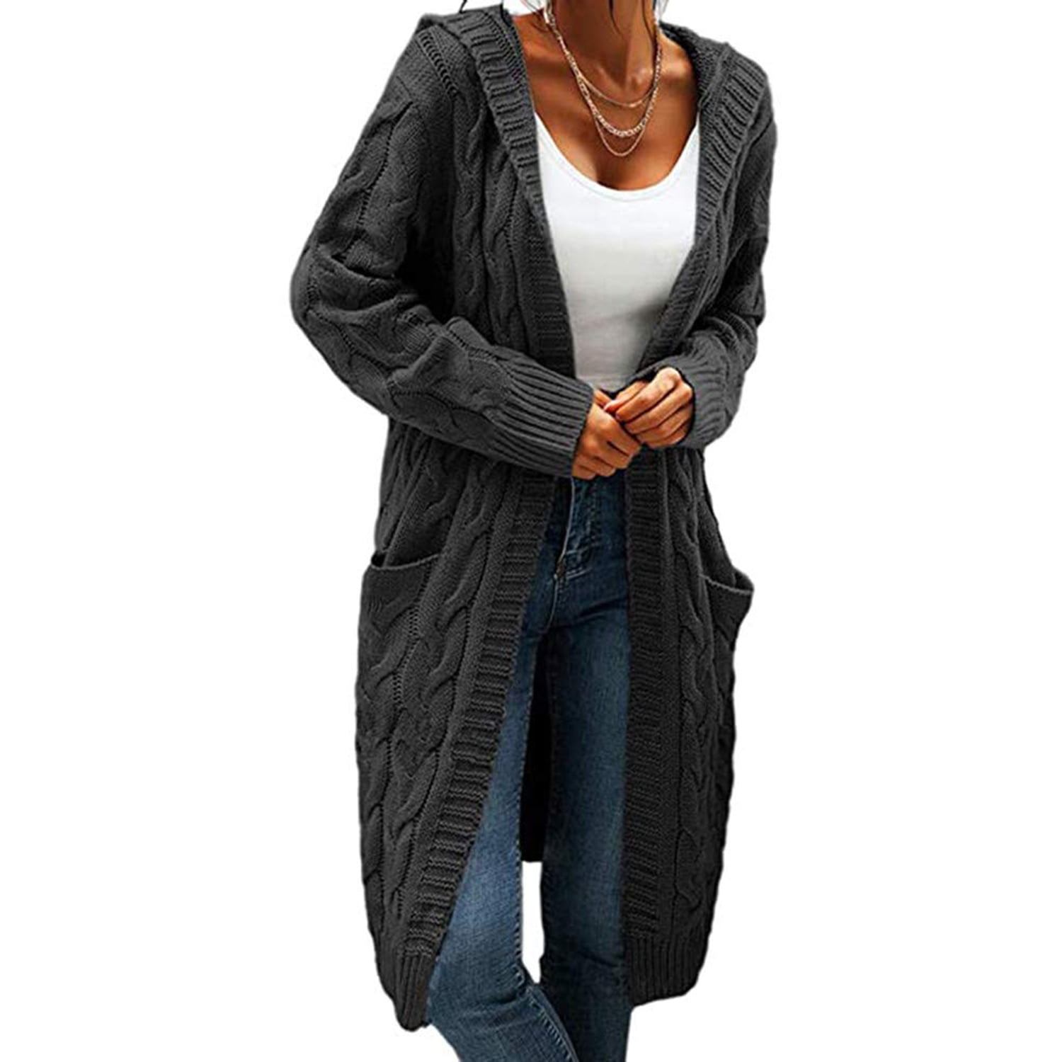 Delou Women's Hooded Cardigan Knit Sweater Solid Thick Long Sweater ...