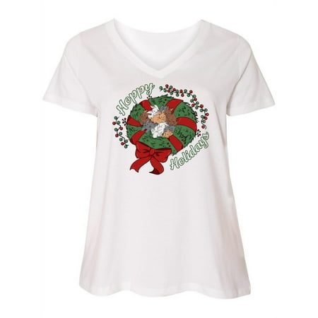 

Inktastic Hoppy Holidays Bunnies in Christmas Wreath with Red Bow Women s Plus Size V-Neck