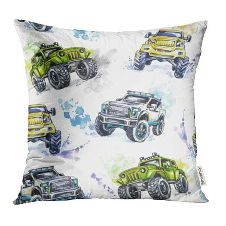 CMFUN Watercolor Cartoon Monster Trucks Colorful Extreme Sports 4X4 Vehicle SUV Off Road Pillowcase Cushion Cover 16x16