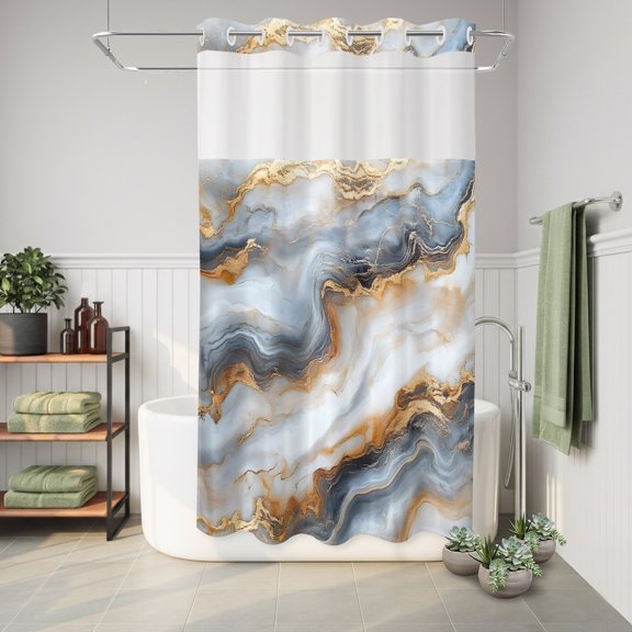 No Hook Shower Curtain Ombre Gray Golden Marble Texture Waterproof Fabric Shower Curtain Abstract Art Hotel Style Bathroom Curtain with See Through Top Window Machine Washable 36x72in