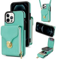 Feishell Crossbody Wallet Case for Apple iPhone 13 Pro Max,with Detachable Shoulder Strap,Premium PU Leather Metal Snap Zipper Pocket Credit Card Holder Kickstand Phone Case for Women Men,Mint