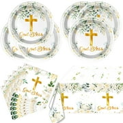 God Bless Tableware PriNst Set，First Communion 20 Plates and 20 Napkins and Tablecloth42'' x 70'',For Newborn Baptism Church Party Decoration