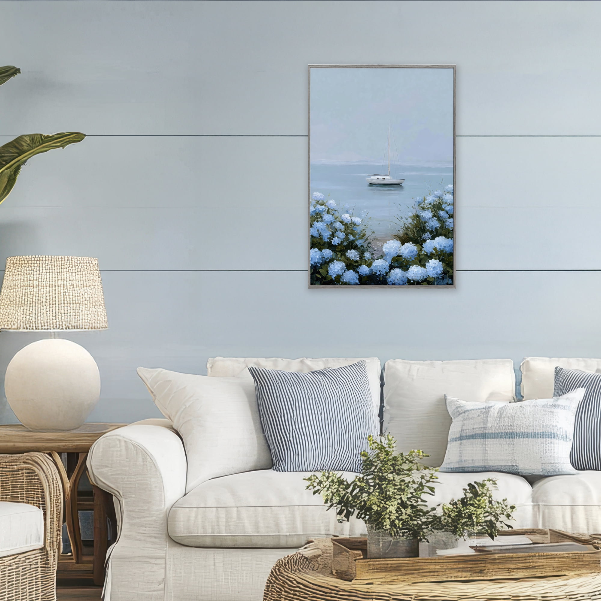 Stupell Industries Yacht in Floral Bay Gray Framed Giclee Art, design by Petal Prints Design