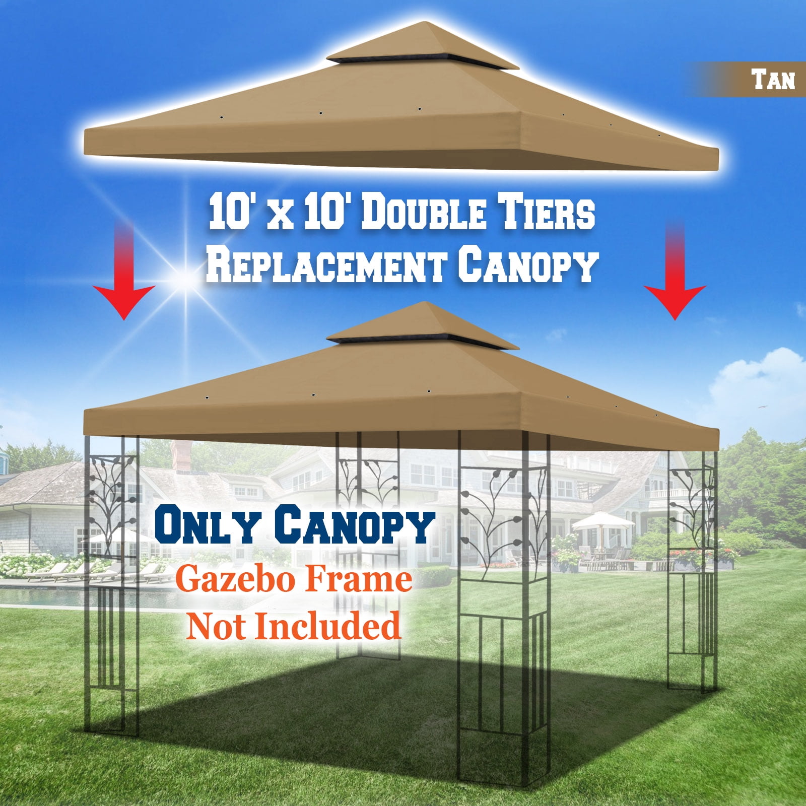 SUNNY 10x10 FT Gazebo Replacement Canopy Top Double Tier Canopy Top Cover (Tan)