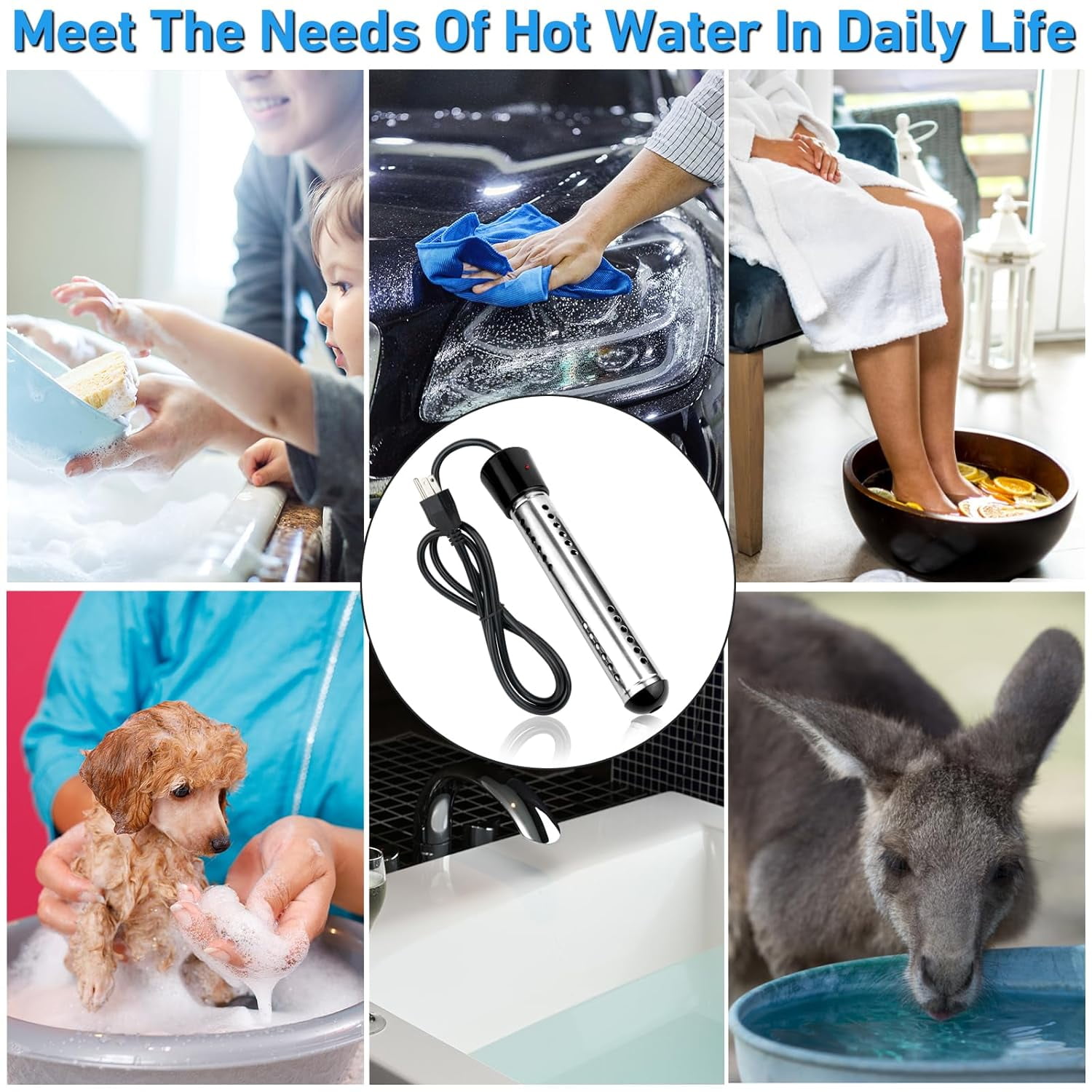 JOGGEIL Immersion Water Heater 1500W with 158°F Auto Shut-off, Portable Submersible Water Heater with Full 304 Stainless Steel Guard and LCD Thermometer, Fast Heating for Bucket, Bathtub, Small Pool