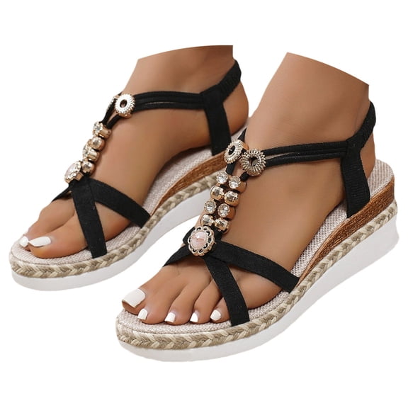 Women's Rhinestone Beaded Wedge Sandals, Elastic Ankle Strap Open Toe Espadrilles, Trendy Summer Footwear for Travel, Vacation Black 36