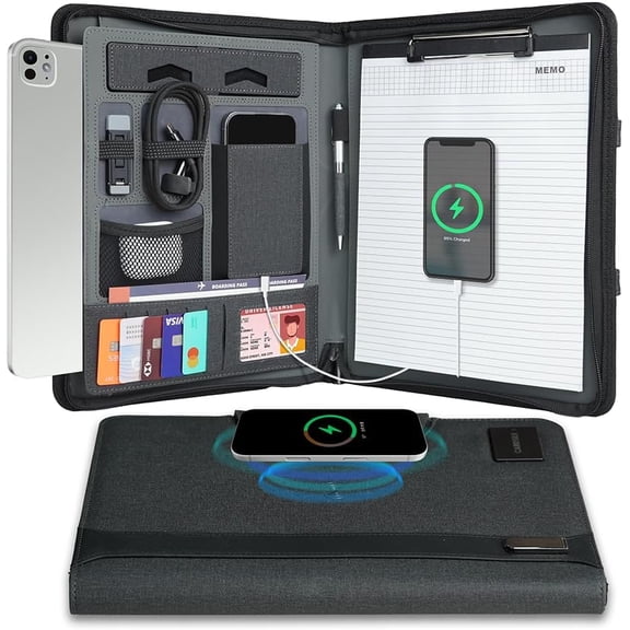 Zipper Padfolio, Portfolio Binder Organizer with 8000mAh Power Bank, Portfolio for Resume, Documents, Phone, Tablet, Business Supplies, Notebook Organizer with Wireless Charging$$Office
