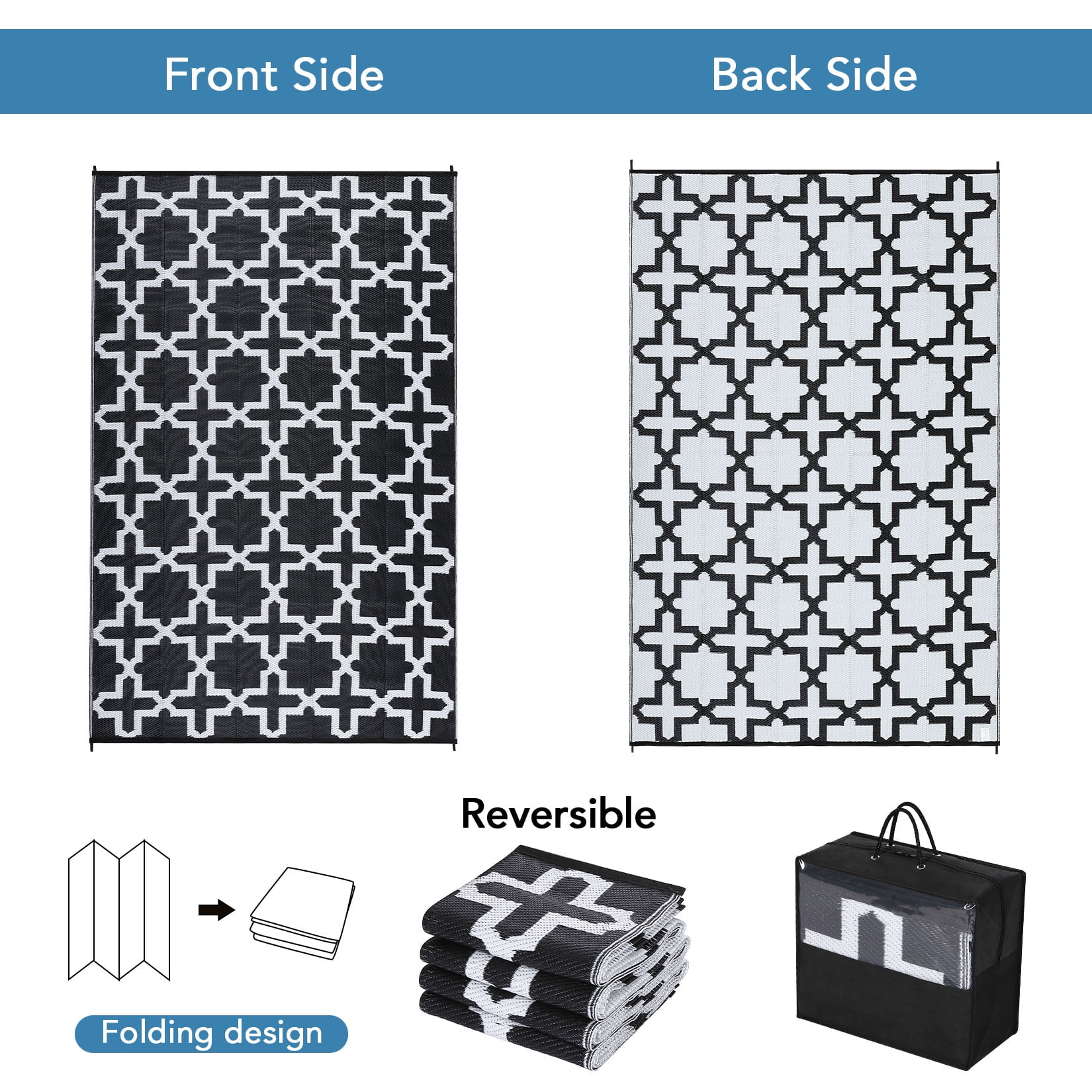 Hasoo Outdoor Rug Waterproof Premium Polypropylene Geometric Area Rug for Patio Porch Deck Balcony Black & White 6ft x 9ft