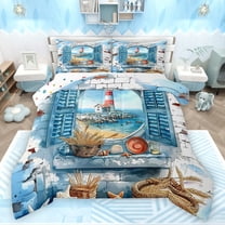 Feelyou Nutical Lighthouse Kids Full Size Comforter Sets, Watercolor Blue Bedding Comforter Set, Ocean Marine Theme Reversible Bedding Sets, Breathable Home Decor, 3-Piece