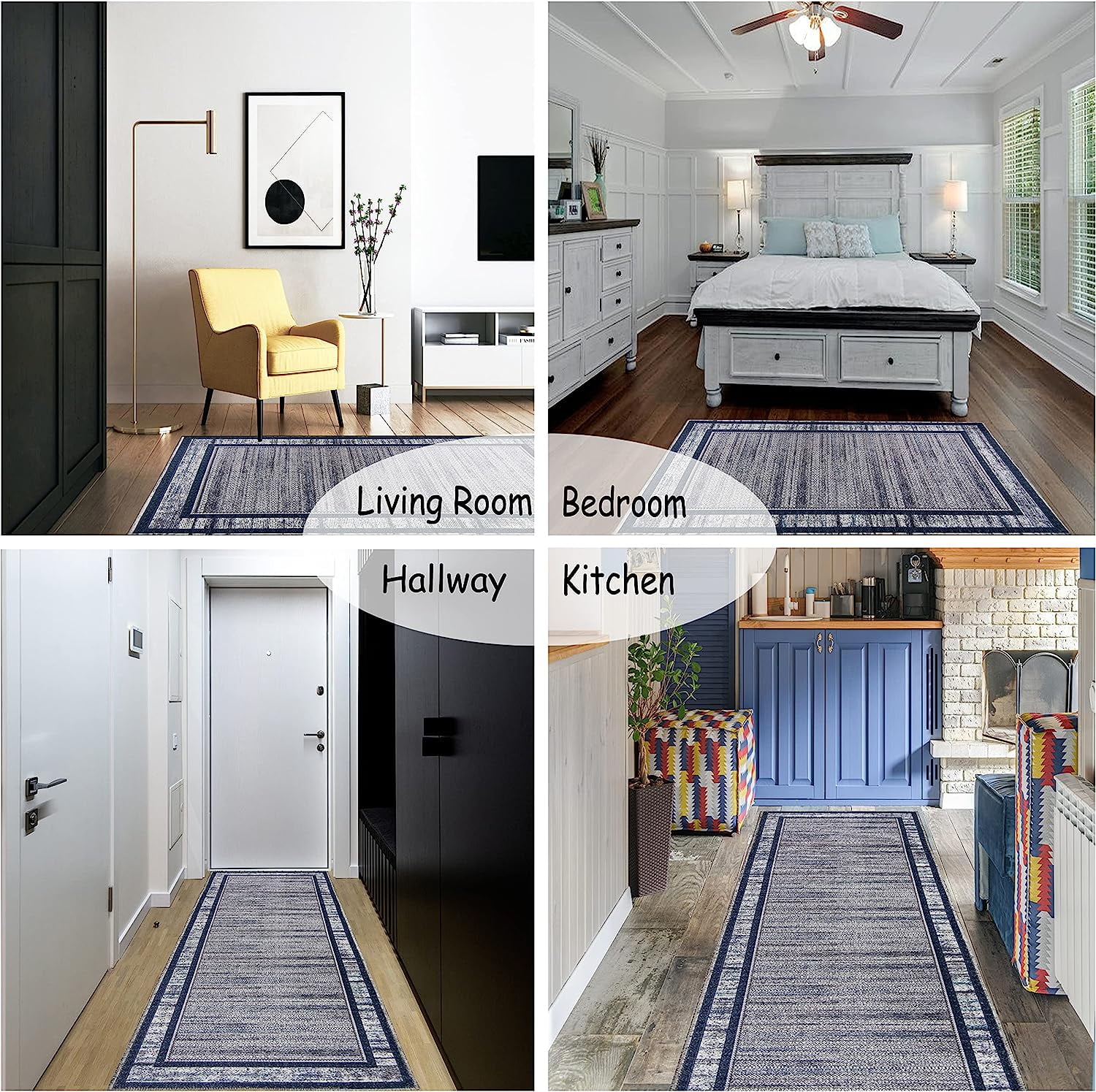 Gloria - Runner Low Profile Bordered Washable Rug Anti Slip Backing Rugs for Living Room Light Weight Foldable Carpet