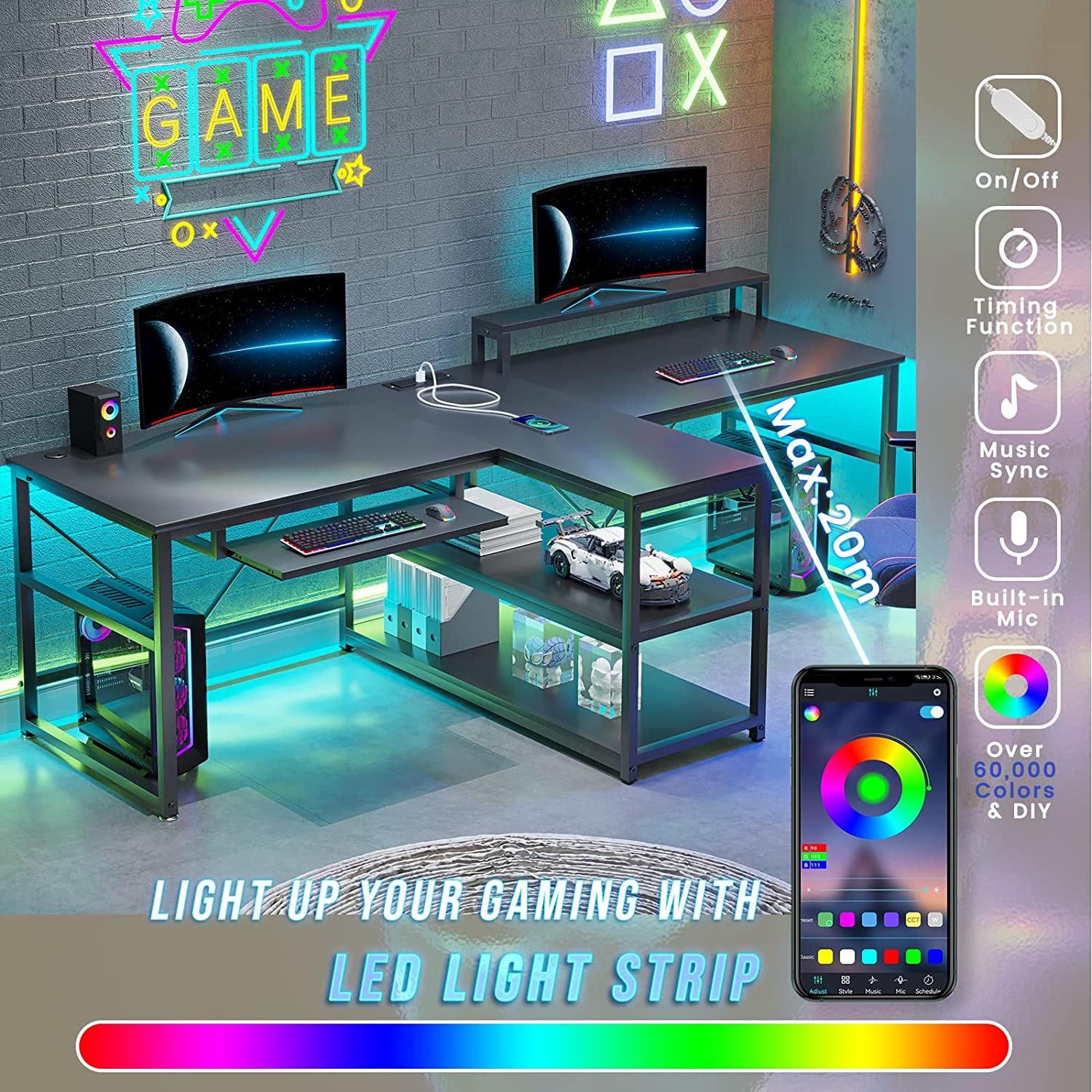 94.5'' Two Person Desk with LED Light and Charging Station & Storage