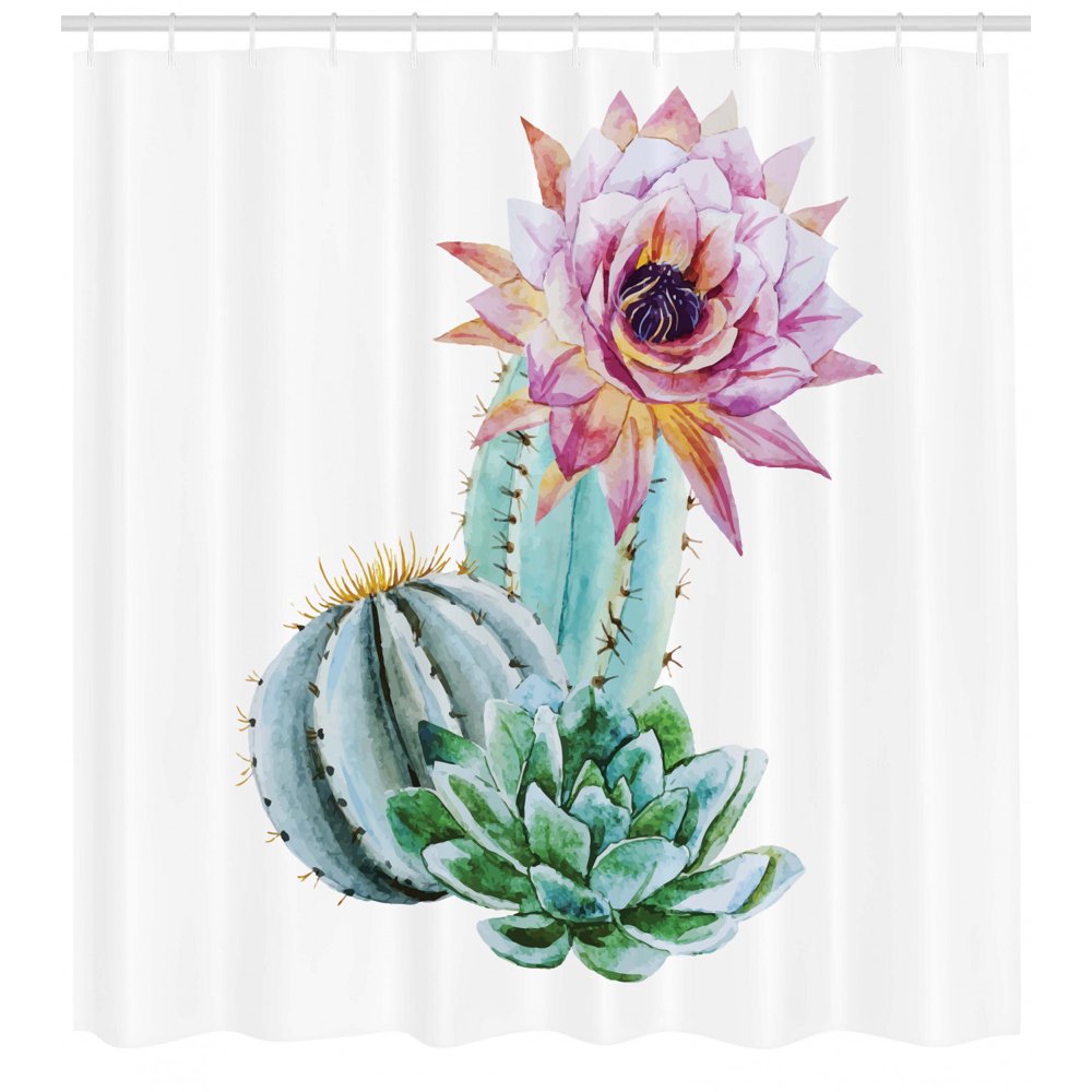 Cactus Shower Curtain, Cactus Spikes Flower in Hot Mexican Desert Sand