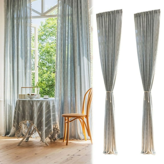 Curtain,Boho Curtains For Bedroom Embroidery Striped Farmhouse Linen Curtains 63 Inch Length 2 Panels For Living Room Blue Light Filtering Window Curtains Rod Pocket Drapes