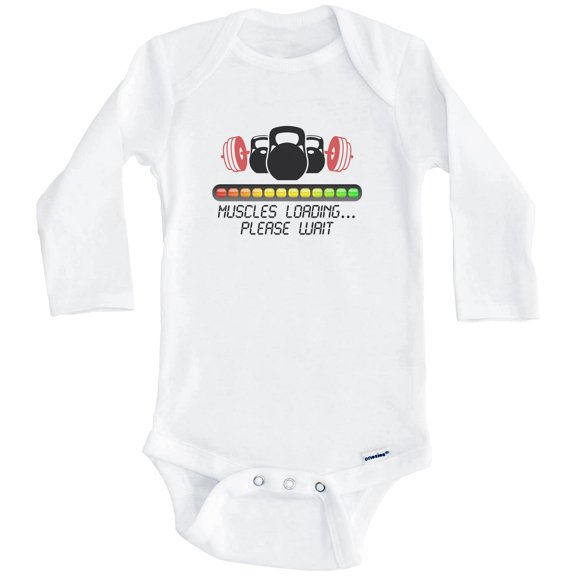 Muscles Loading Please Wait Funny Weightlifting One Piece Baby Bodysuit (Long Sleeve), 0-3 Months White