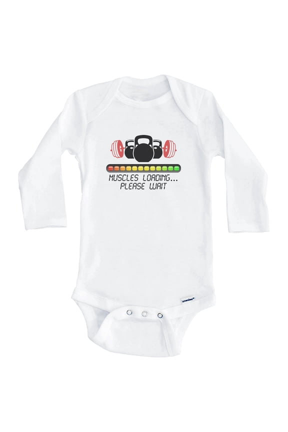 Muscles Loading Please Wait Funny Weightlifting One Piece Baby Bodysuit (Long Sleeve), 3-6 Months White