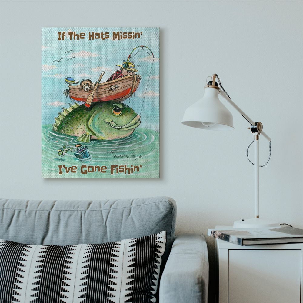 Stupell Industries Hats Missing Gone Fishing Funny Sports Cartoon Design Canvas Wall Art by Gary Patterson