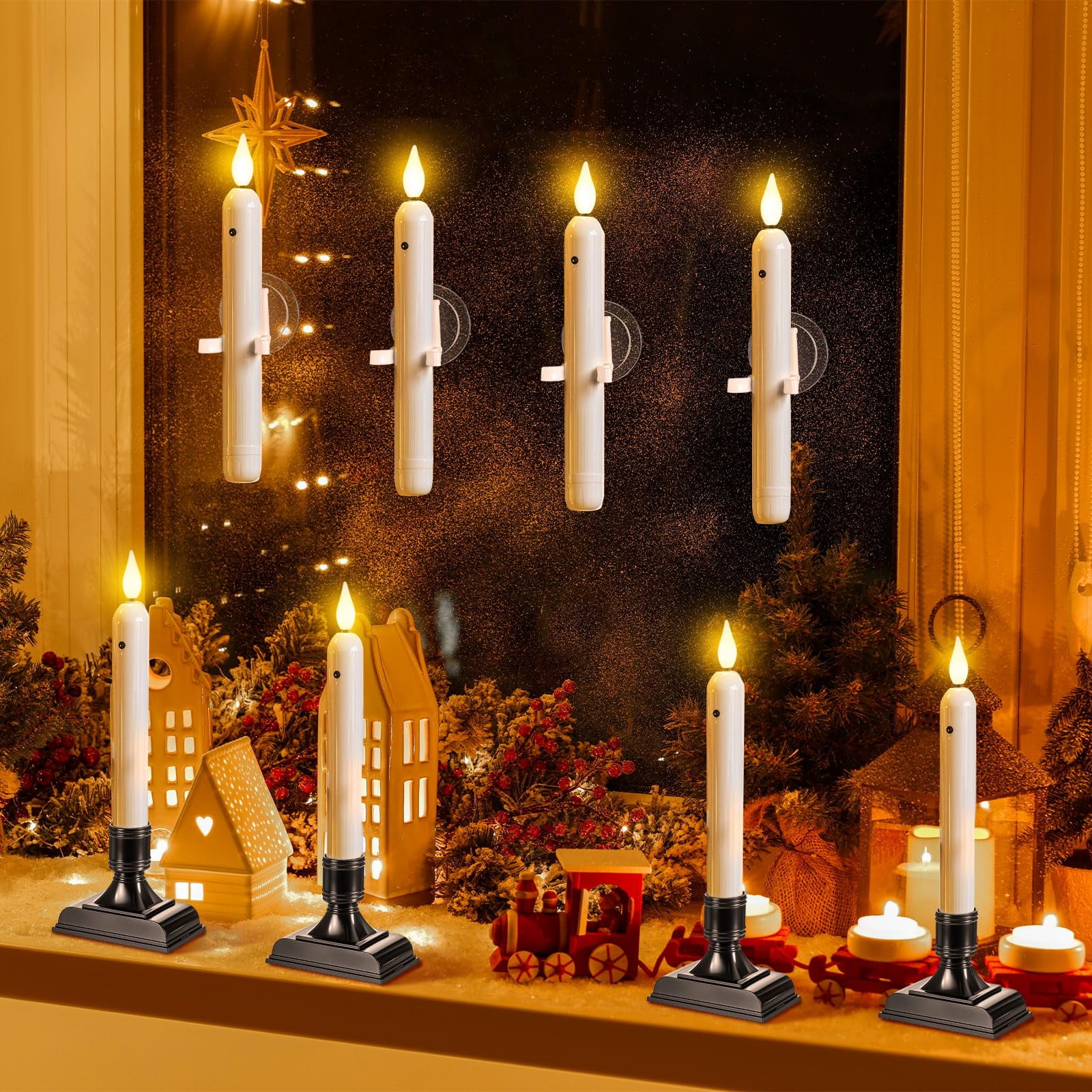 Classic Style Christmas Window Decorations - 12 Sets Battery Operated Window Candles with Dusk to Dawn Sensor, Flameless LED Candlesticks Bulk for Xmas Decor