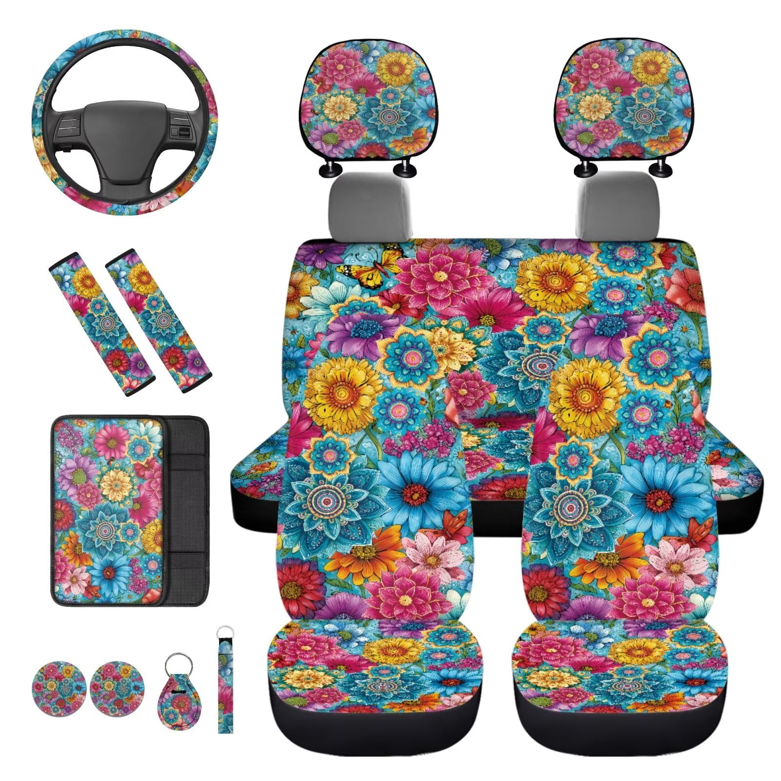 Binienty Boho Dahlia Auto Seat Covers Full Set Front Rear Car Seat Protective Cover With Steering Wheel Cover Arm Rest Cushion Covers Universal Car Interior Accessories for Women Girly