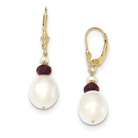 14k Yellow Gold Freshwater Cultured Pearl Faceted Red Garnet Leverback Earrings Lever Back Drop Dangle