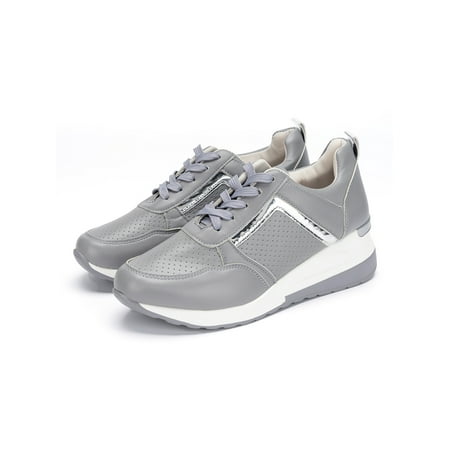 

Glookwis Lady s Trainers Round Toe Sneakers Low Top Walking Shoes Women s Lightweight Comfortable Athletic Shoe Casual Lace Up Wedge Gray 8.5