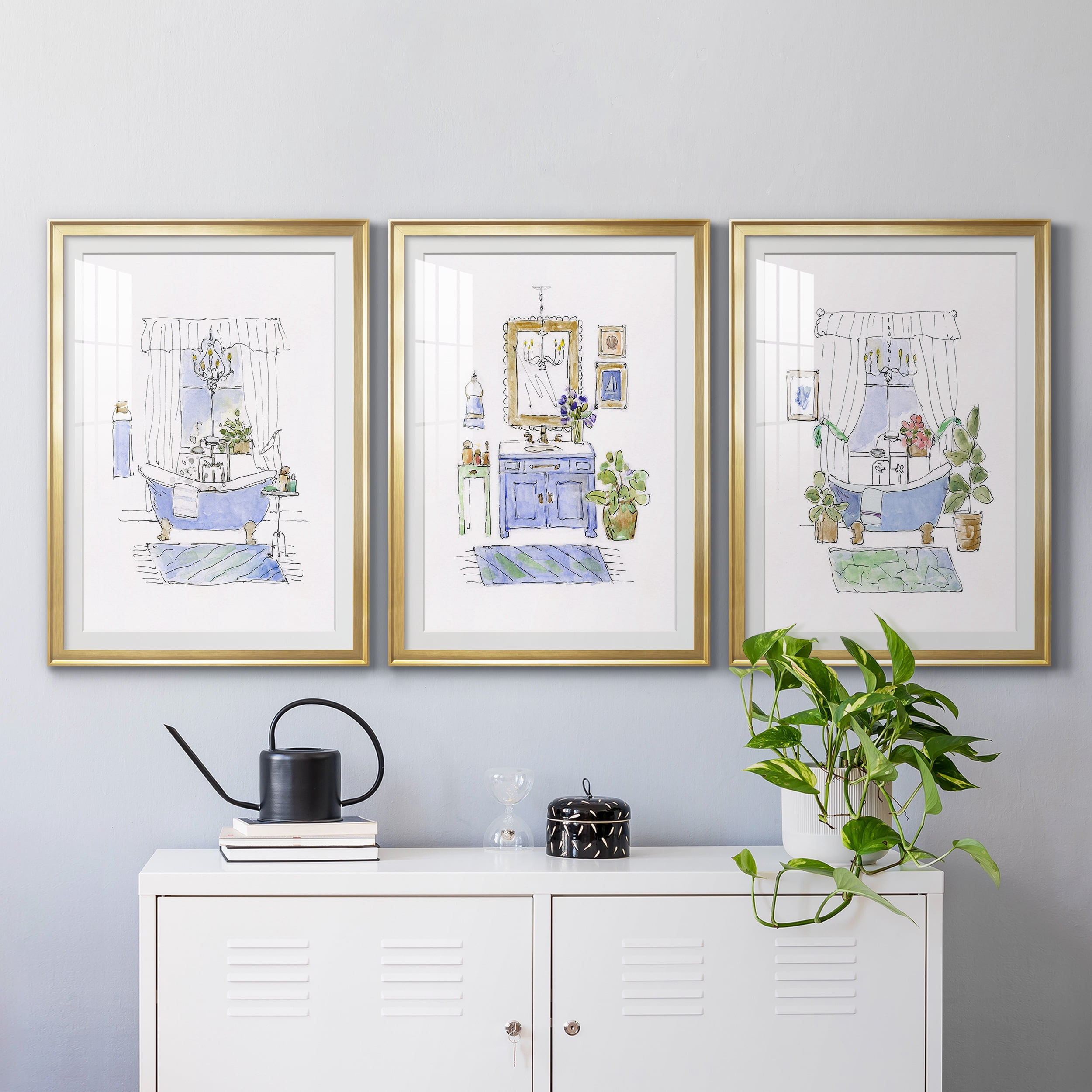 Sketchy Bath I Premium Framed Prints Set of 3 - Ready to Hang - 26.5 x 36.5 Each - Gold Frame