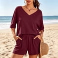 thumbnail image 3 of Zynoxe Womens 2 Piece Outfits Fashion V Neck Short Sleeve Top Elastic Waist Shorts Set Lightweight Breathable Summer Sets Versatile Casual Loose Solid Color Casual Loungewear with Pockets S, 3 of 10