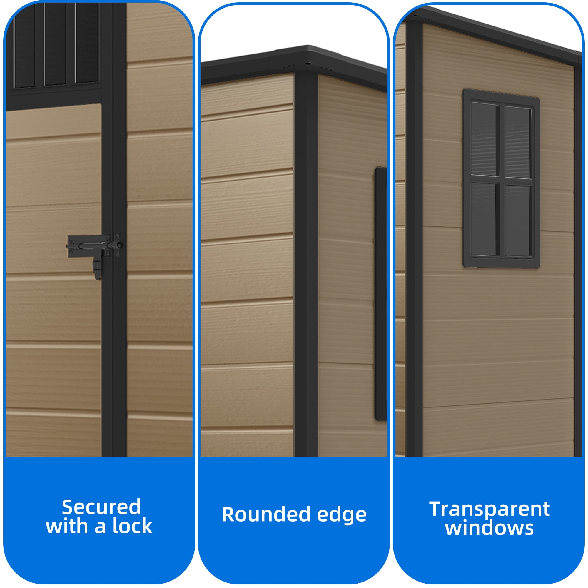 Dextrus 5x3FT Outdoor Storage Shed with Windows, Floor, Lockable Doors, Waterproof Plastic, Brown