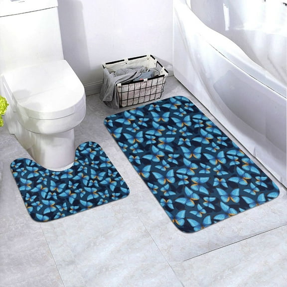 Honeii Blue Butterfly Pattern Bathroom Anti-Skid Pad Bathroom Mat Vintage Seamless Pattern Not-Slip Toilet Rug Set