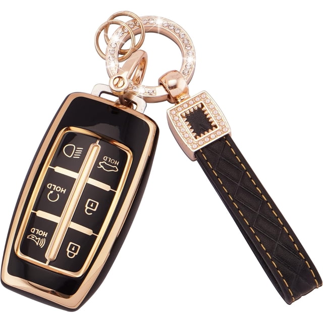 LAICAIW for Genesis Key Fob Cover with Leather Key Fob Keychain, Soft TPU Key Fob Protector Shell Fit for 2022 Genesis GV70 G70 2022 2021 Genesis GV80 6 Buttons Keyless Entry Smart Key (BP-Gnss)