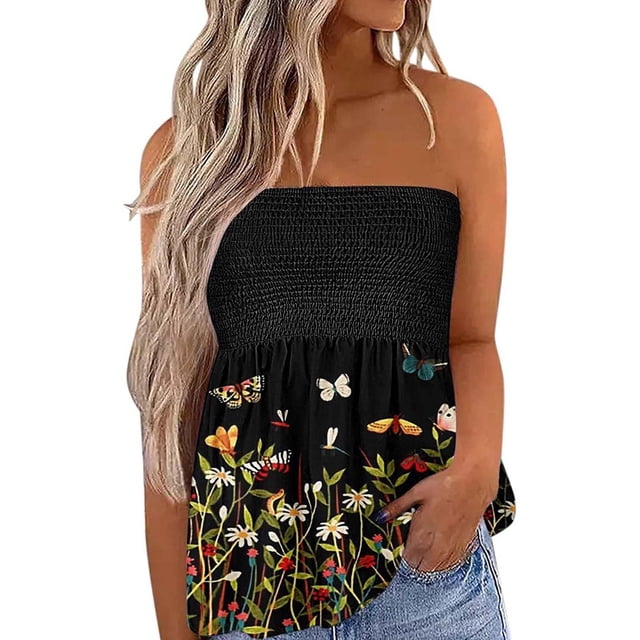 SAYOO Camisetas Sin Tirantes para Mujer, Sin Mangas Plisadas Color Degradado/Pluma/Raya/Flor/Bandera Pullover, Tops Sueltos de Verano para Mujer SAYOO casual