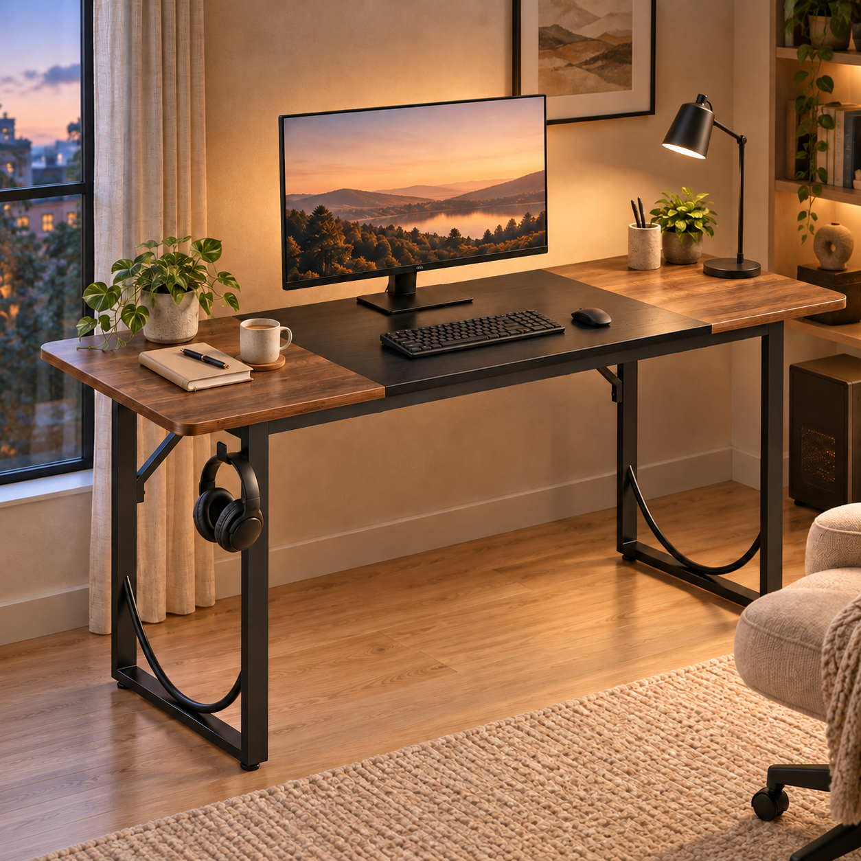 Pinmoco 63" Executive Desk with Metal Frame, Black and Walnut photo 6