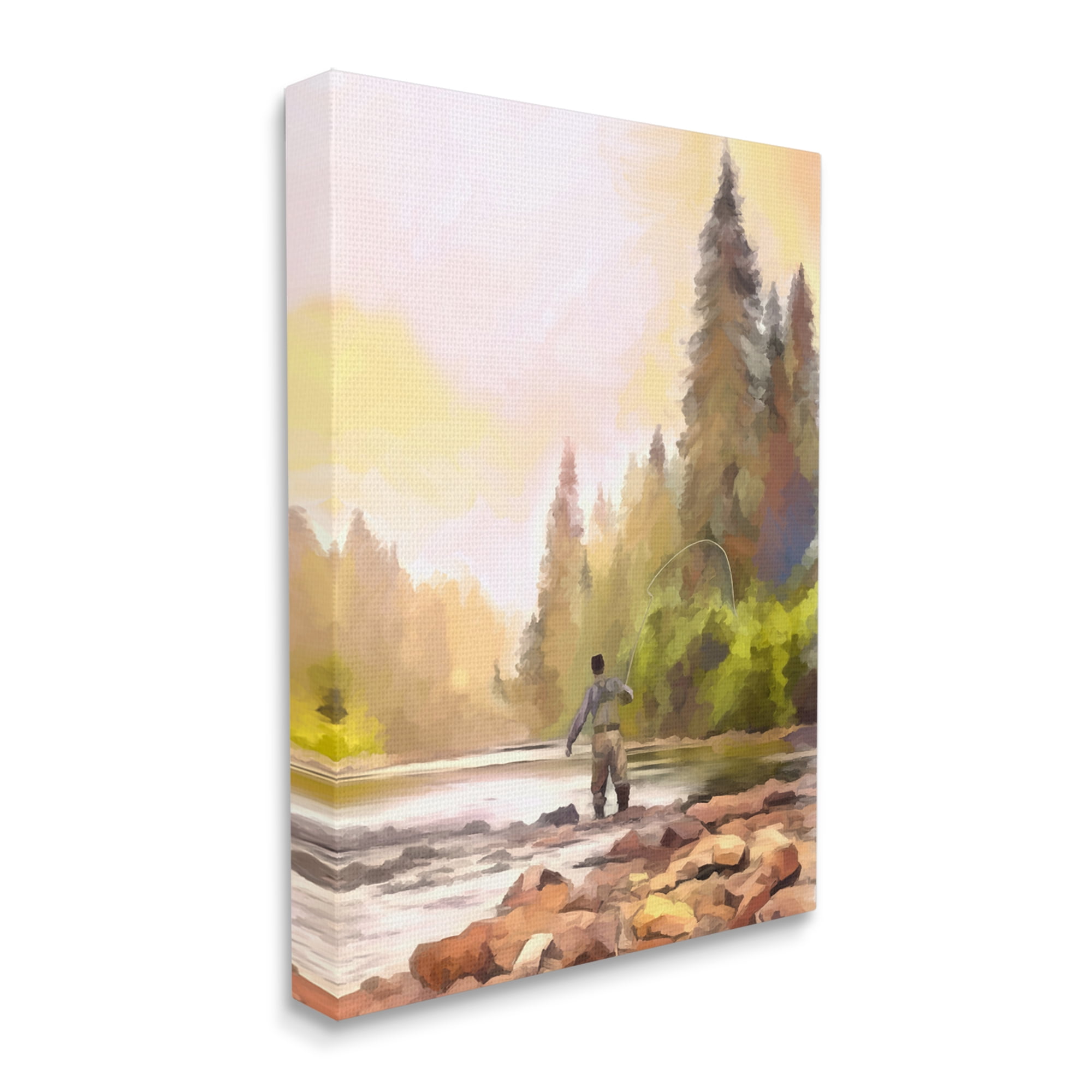 Stupell Industries Fly Fishing at Lake Nature Painting Gallery Wrapped Canvas Print Wall Art, 36 x 48