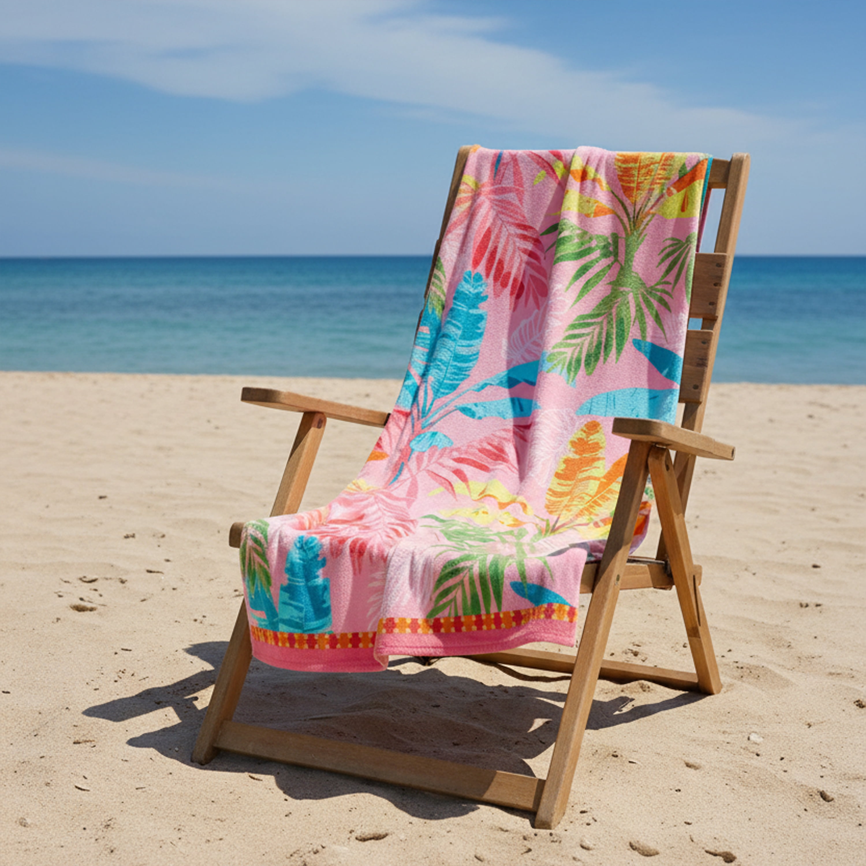Printed Oversized Pink Palm Beach Towel, Soft Cotton, 34 x 64 Inches