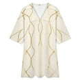 thumbnail image 4 of Abstract Gold Cream Wavy Lines Womens Dress With Pockets Summer V Neck 3/4 Sleeve Dress Plus Size Loose Dress, 4 of 7