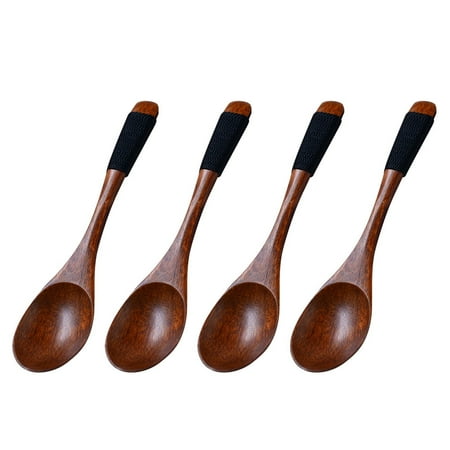 

Wood Soup Spoons 4PCS Oval Head Design Wooden Kids Soup Spoons Natural Wood Rice Serving Tableware Flatware Set with Tied Line on Handle (Black Line)