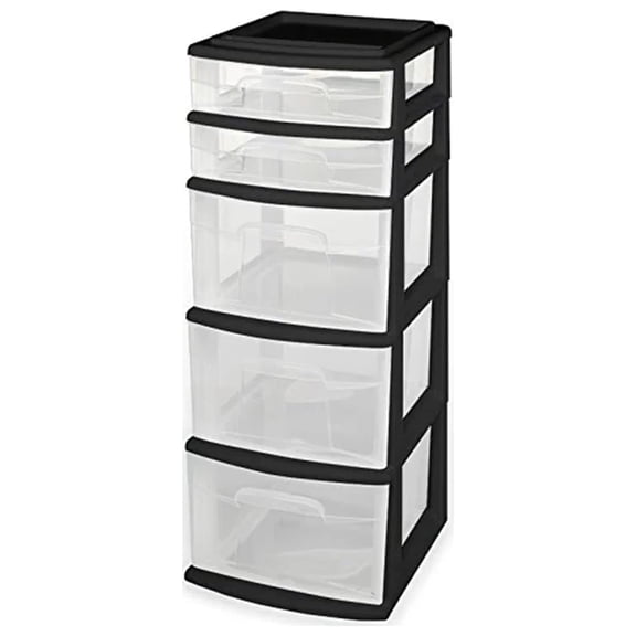 Jiowenm Plastic 5 Clear Drawer Medium Home Organization Storage Container Tower with 3 Large Drawers and 2 Small Drawers, Black Frame