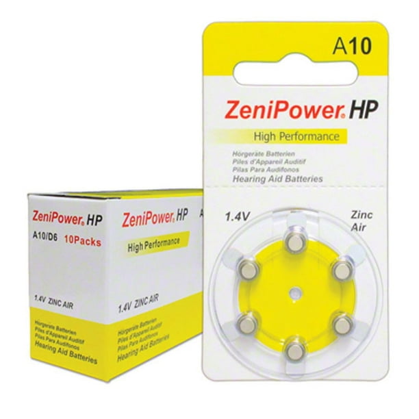 ZeniPower A10 Zinc Air Size 10 Hearing Aid Batteries 6Pack 10 Cards