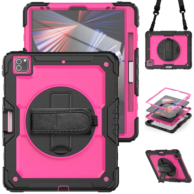 For iPad Pro 11 12.9 inch M2 2022 2021 2020 Case Shockproof Stand Tablet Cover iPad Air 4 5 10.9 10th Gen Cases+PET Screen+Strap ROS-BK iPad 10th Generation