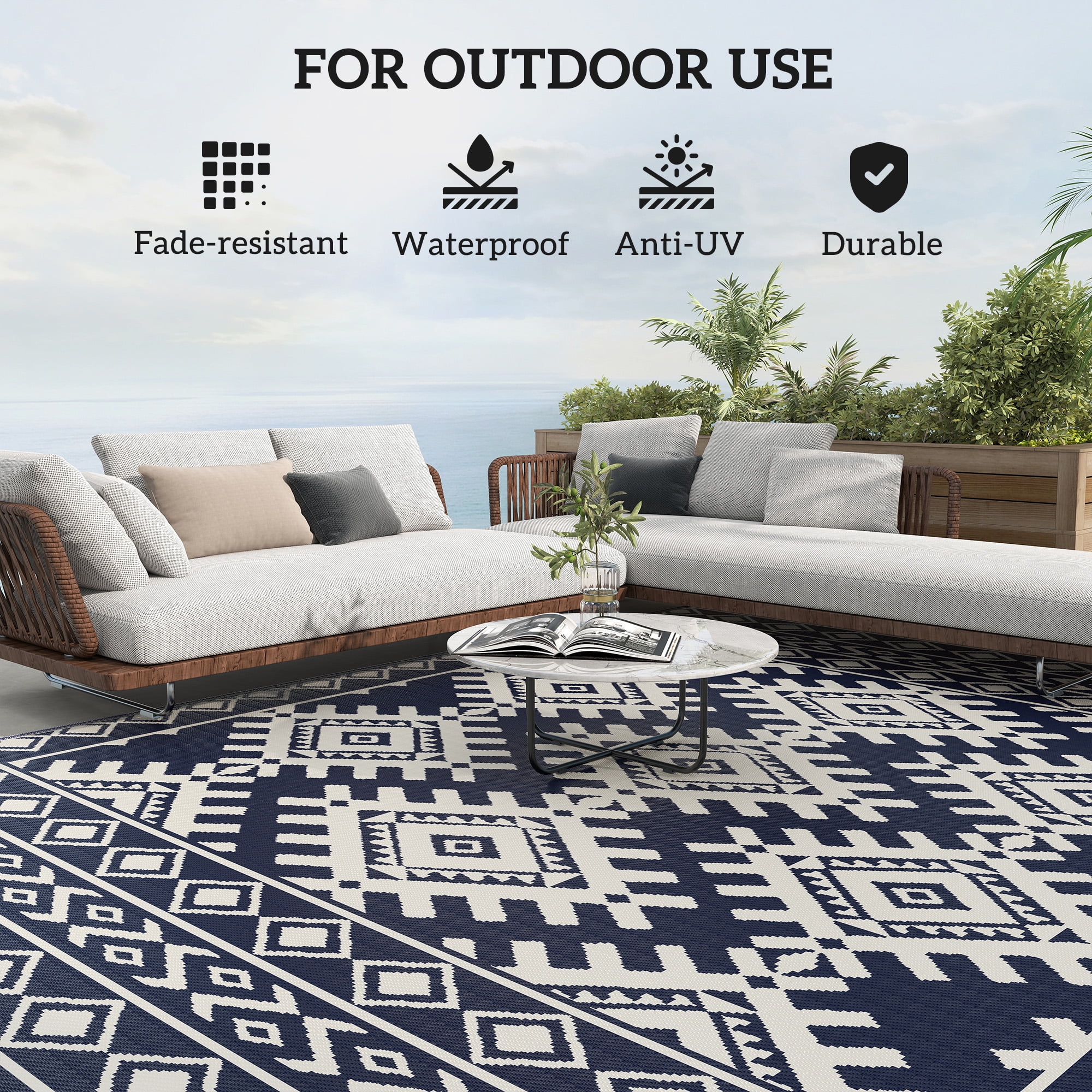 Outsunny Outdoor Patio Rug, Large Camping Carpet with Carrying Bag, 9' x 12' Waterproof Plastic Straw, Reversible, Blue & White Rhombus Border
