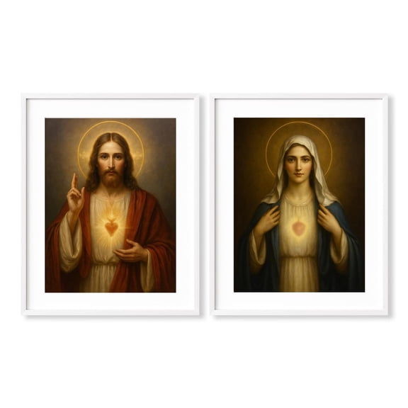 Sacred Hearts of Jesus & Mary Wall Art Set 2 Unframed Paper Print 8x12
