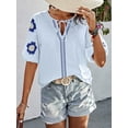 thumbnail image 4 of Dycnvjo Women'S Summer Tops Floral Embroidered Puff Short Sleeve Shirts V Neck Boho Tunic Casual Blouse Light Blue M, 4 of 5