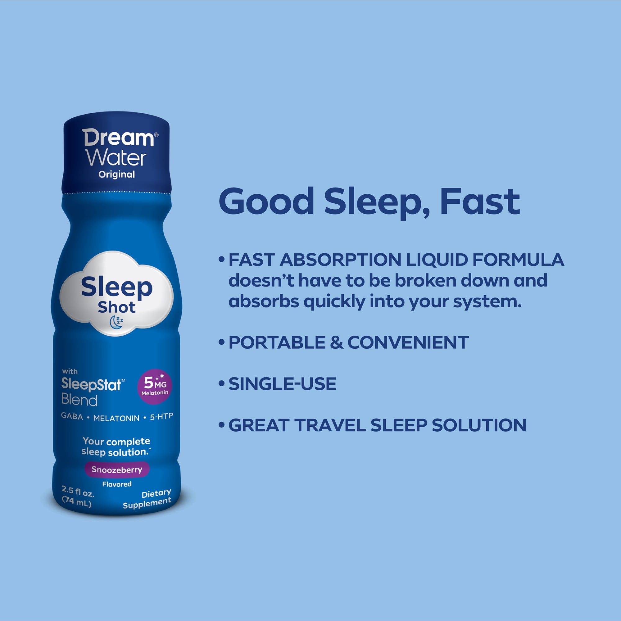 Dream Water Sleep Aid Supplement Drink; Melatonin 5mg, GABA, 5-HTP;   Zero sugar, Natural flavors, No added colors,  2.5 oz liquid sleep shots, Snoozeberry,  24-Count