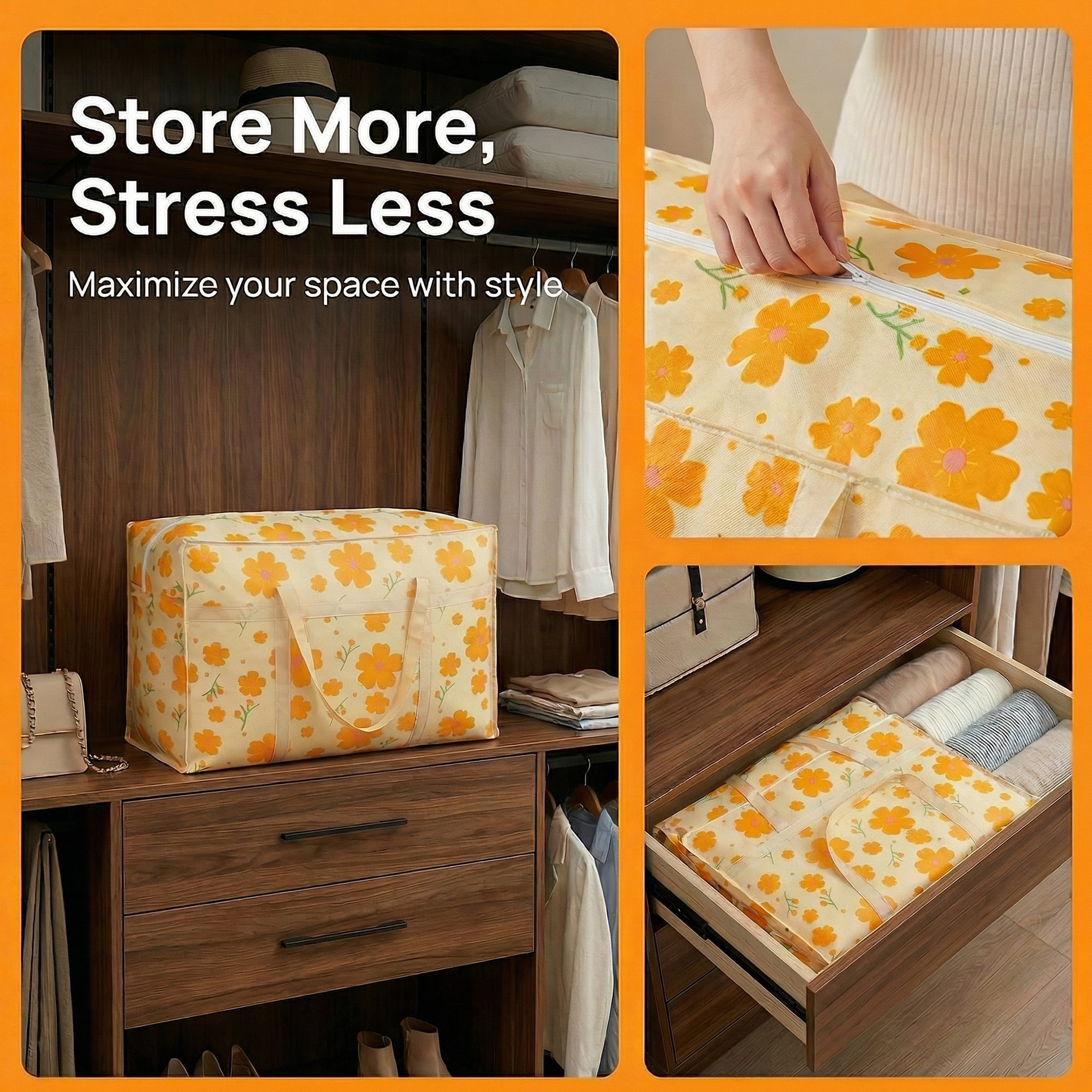 Unique Bargains Foldable Storage Bags for Organizing Livingroom Orange 18.5"x9.8"x11.8"