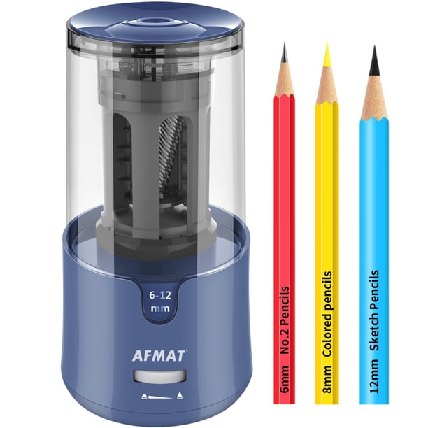 AFMAT Sacapuntas eléctrico para lápices de colores, parada automática, afilado rápido en 3 segundos, sacapuntas de agujero grande, enchufable para lápices No.2/Jumbo de 6 a 12 mm, color azul