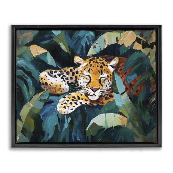 Stupell Industries Eclectic Leopard Sleeping in Leaves Black Floating Frame Canvas Art, 21 x 17, by Ramona Murdock