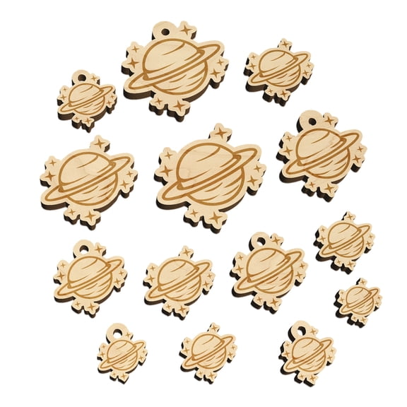 Saturn Planet with Rings and Stars Wood Mini Charms Shapes DIY Craft Jewelry - No Hole - 16mm (22pcs)